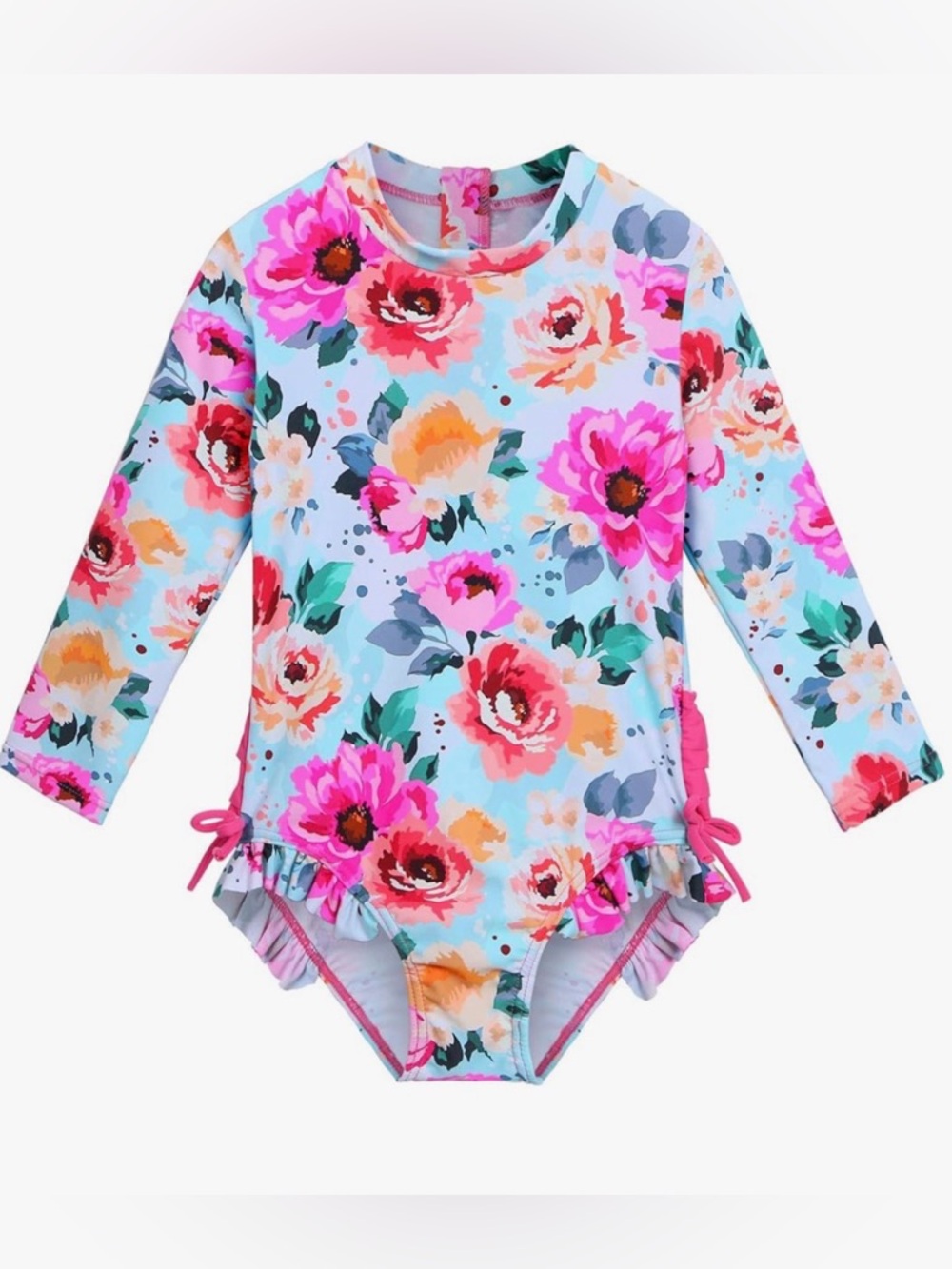 Adorable Long-Sleeve Floral Rash Guard One-Piece Swimsuit 3T-4T